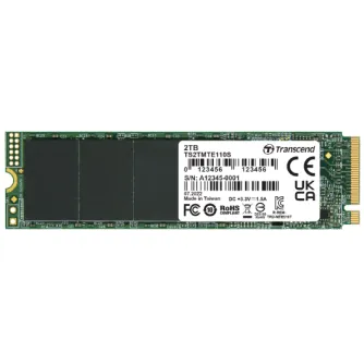Transcend 2TB M.2 PCIe Gen3 x4 SSD 112S su 3D TLC NAND, be DRAM, su baltu etikete ir auksiniu jungtimi ant žalios PCB.