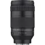 Samyang AF 60-180mm F2.8 L objektyvo artimas nuotrauka, kurioje matomas zoom žiedas su atstumo ženklais, fokusavimo žiedas, priekinis stiklo elementas ir L-mount galas, pabrėžiant profesionalias teleobjektyvo galimybes.