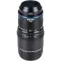 Laowa Aksen 45mm f/2.8 1-5X Ultra Macro objektyvas su mėlyna akcentų juostele, rankiniai priartinimo ir fokusavimo žiedai, priekinis elementas, Sony FE tvirtinimas