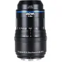 Laowa 45mm f/2.8 1-5X Ultra Macro APO objektyvas, Nikon F tvirtinimas, rodomas artimu planu su priekinio elemento, zoom žiedu ir fokusavimo žymėmis, mėlyna akcento juosta ir raudonu lygiavimo tašku.