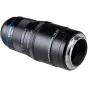 Laowa Aksen 45 mm f/2.8 1‑5X Ultra Macro APO objektyvas L‑Mount bezzidinio kameroms, su mėlynu akcento žiedu, parfokaliu zoom žiedu su 1‑5X žymėmis ir fiksuotu 40,35 mm darbo atstumu.