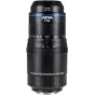 Laowa Aksen 45mm f/2.8 1‑5X Ultra Macro APO objektyvas, priekinis vaizdas su zoom žiedu ir fokusavimo atstumo skale, pabrėžiantis 1‑5X parfokalinį zoomą ir fiksuotą 40,35 mm darbo atstumą studijoms, mokslui ir kūrybiniam makro d