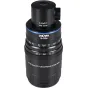 Laowa Aksen 17,5 mm f/1,7 5–10X Ultra Macro APO objektyvas su koaksiāliniu apšvietimu, juodas korpusas, mėlyna akcentinė linija, fokusavimo atstumo ir diafragmos skalės