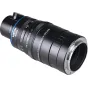 Laowa Aksen 17,5 mm f/1,7 5–10X Ultra Macro APO objektyvas Nikon Z su mėlynu akcentu, fokusavimo ir apertūros skalėmis, pateiktas šoniniame vaizde