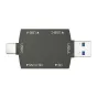 Newell OTG 4‑in‑1 USB 3.0 kortelių skaitytuvas su USB‑C ir USB‑A jungtimis bei SD/microSD slotais, kompaktiškas aliuminio dizainas, apsauginiai dangteliai, plug‑and‑play.