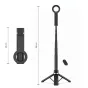 Tech‑Protect L11S juodas selfie stick‑tripod sulankstytas 15 cm ir visiškai ištiestas iki 94 cm su trešpiedžiais, šalia yra Bluetooth pultelis.