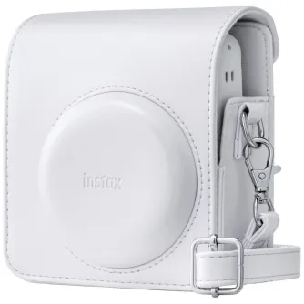 Baltas apsauginis krepšys Fujifilm Instax Mini 13 su reguliuojamu petnešu ir foto saugojimo kišene, su apvaliu priekiu ir odos stiliaus siuvimu