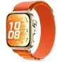 Tech-Protect oranžinė nailono apyrankė Huawei Watch Fit 3/4/4 Pro/5/5 Pro, pritvirtinta prie išmaniojo laikrodžio, rodančio 10:08 ir sveikatos duomenis.