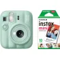 Fujifilm Instax Mini 13 momentinė kamera lagoon green spalvos su įmontuota blykste ir laikmačiu, kartu su 10 lapų Fujifilm Instax Mini filmo paketu.