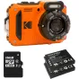 Oranžinė Kodak PixPro WPZ2 vandeniui atspari kompaktiška kamera su 4× optiniu priartinimu, 16 GB microSD kortele ir dviem papildomomis baterijomis komplekte