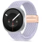 Tech-Protect periwinkle pintas nailono dirželis Samsung Galaxy Watch 44 mm, su rožiniu auksu užsegimu ir skaitmeniniu ekranu, rodančiu veiklos metrikas.