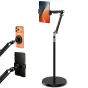 K&F Concept universalus grindų stovas su reguliuojamu aukščiu 25–160 cm, sunkus 2,89 kg pagrindas, planšetės laikiklis, laikantis planšetę, ir atskiri vaizdai apie telefono laikiklį ant oranžinio išmaniojo telefono ir planšetės 