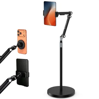 K&F Concept universalus grindų stovas su reguliuojamu aukščiu 25–160 cm, sunkus 2,89 kg pagrindas, planšetės laikiklis, laikantis planšetę, ir atskiri vaizdai apie telefono laikiklį ant oranžinio išmaniojo telefono ir planšetės K&F Concept universalus grindų stovas su reguliuojamu aukščiu 25–160 cm, sunkus 2,89 kg pagrindas, planšetės laikiklis, laikantis planšetę, ir atskiri vaizdai apie telefono laikiklį ant oranžinio išmaniojo telefono ir planšetės