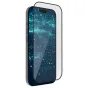 Roobix Full Cover grūdinto stiklo ekrano apsaugos iPhone 17 Pro Max, su 2.5D pilnu apsauga, juoda rėmeliu ir dulkių filtru, ekranas rodo mėlyną žvaigždžių foną.