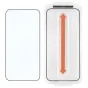 Roobix Super Clear 0.3 mm grūdintas stiklo ekrano apsaugos iPhone 17 Pro su skaidriu pakuote ir viršutine etikete, raudona vertikali rodyklė nurodo orientaciją