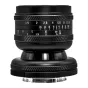 AstrHori MF 50 mm f/1.4 pilno kadro tilto objektyvas Sony E, matomas iš priekio, su juodu metaliniu korpusu, f/1.4‑f/16 apertūros žiedu, tiltų reguliavimo žiedu, fokusavimo atstumo skale ir 46 mm filtro sriegimu, su priekiniais 