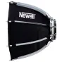 Newell 30 cm oktagoninis softbox su Mini Bowens FM tvirtinimu, juodas audinys su baltu Newell logotipu, šoninis vaizdas su baltais atraminiais strypais ir sidabriniu tvirtinimo laikikliu, kompaktiškas apšvietimo priedas portretų