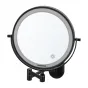 Humanas HS‑BM01 juodas dvipusis vonios veidrodis su 20 cm LED apšvietimu, jutikliniu maitinimo mygtuku, 5× didinimu, reguliuojamu ryškumu ir spalvų temperatūra, montuojamas ant lanksčios juodos reguliuojamos rankos.