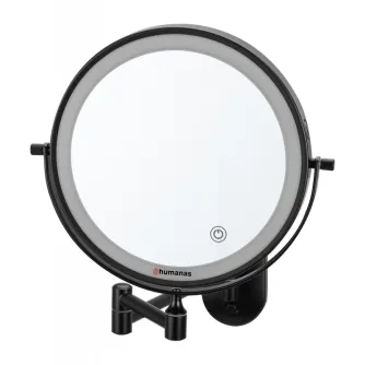 Humanas HS‑BM01 juodas dvipusis vonios veidrodis su 20 cm LED apšvietimu, jutikliniu maitinimo mygtuku, 5× didinimu, reguliuojamu ryškumu ir spalvų temperatūra, montuojamas ant lanksčios juodos reguliuojamos rankos.