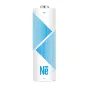 Newell Li‑ion AA įkraunama baterija, 2200 mAh, balta korpuso su mėlynu diagonaliu raštu, „+“ ir „-“ simboliai, Ne logotipas