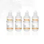 Keturi 60 ml Lensgo dūmų skysčio buteliai, be kvapo ir likučių, išdėstyti šalia vienas kito švarioje baltos studijos aplinkoje, tinkami produktų fotografijai ir specialiems efektams.