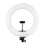 MITOYA RL-480L 45 cm bi-kolor LED žiedinė šviesa su integruotu lanksčiu telefono laikikliu, lygiu baltu difuzoriumi, juodu montavimo laikikliu ir standartine trikojine baze