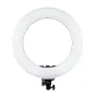 Priekinis MITOYA RL-480L 45 cm baltos LED žiedinės šviesos vaizdas su juodu montavimo laikikliu, bi-kolorinis reguliuojamas 3000-6000 K, 60 W, 480 LED, tinkamas fotografijai ir vaizdo įrašams.