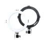 Du MITOYA 20 cm USB maitinami LED žiediniai šviestuvai, vienas baltas ir vienas juodas su Mitoyd ženklu, kiekvienas pritvirtintas prie kamuoliuko galvutės trikojio adapterio.