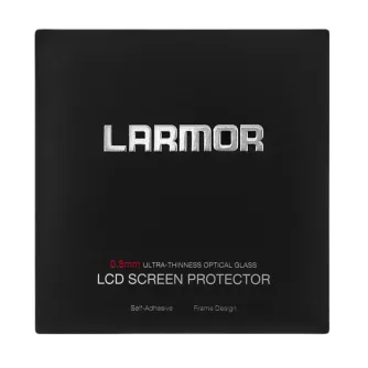 GGS Larmor 0.3 mm ultra-plonas optinio stiklo LCD ekrano apsaugos paketas Canon R1 kamerai, juoda dėžutė su sidabriniu LARMOR logotipu ir saviklijų dizainu.