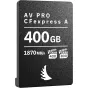 Angelbird AV PRO CFexpress Type A 400GB pamatymo kortelė, juosios pusės baltasis tekstas rodo 400GB kapacitą, 1870MB/s skaitymo greitį, VPG400 ir VPG800 žymės, skirta Sony Alpha ir Cinema Line kameroms