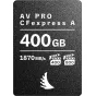 Angelbird AV PRO CFexpress Type A 400 GB pamatniečio kortelės apyrankių skatymas, rodygiant 1870 MB/s skaitymo greitį, VPG400/VPG800 ikonas ir Angelbird logotipą.