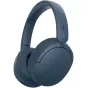 Mėlybaltasis Sony WH-CH730N beveikslės klipšė, pėdsējais kampas, rodo įgūdžiją galvą, NC/AMB mygtuką ir mikrofonų šokelį, matų pūrio pletystę