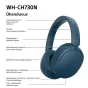 Mėlybė Sony WH-CH730N beveikslės šunys su Dual Noise Sensor technologija, kompaktišu slėgiamą dizainą ir iki 75 valandų baterijos laiką, parodžiam su funkcijų aprašymais baltu fone.