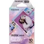 Fujifilm Instax Mini 10-juos pastelio galaktijos instanta filmo paketas su didžiuoju diagonažiniu foto duotiems žmonėms, smilgiantį pastelų foną ar žvaigždžius, logotipiais ir mažais paveikslėlių nuotrauku.