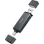D‑Fruit DF188 kompaktiškas USB‑C/USB‑A paaiškinimas su pašurta kapčiais, rodantis USB‑C ir USB‑A ryšius ir SD/microSD šlųtes, duomenų perdavimo greituma iki 5 Gbps.