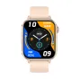 Auksoji kultūros Colmi P80 smartwatch su bežais silikonu juosčiu, frontinė paveikslėlyje, 1,83‑duimų HD ekranas rodantis langą, žymus, kalorijas ir laika.