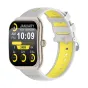 Colmi P86 aušros smartwatch su baltu silikono joslni ir žaliaus vidiniu, su 1,93‑duočių AMOLED ekranu, rogžiaus 10:09, datą 19.04.2024, 2489 žingsnių, 22 °C ir 3,8 km, su drabuotoju krūnu ir magnetiniu 2‑pinų kabliu.