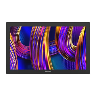 Huion Kamvas Pro 27 27‑ilio 4K UHD pen display su 144 Hz atnaujinimo greitu, juosčiai bezelis, ekranas rodo vaikų abstraktes krėtines, HUION logotipas apakšuje, frontalių važiuojimas aktyvus grafikos tabletės.