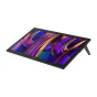 Huion Kamvas Pro 27 144 Hz 27‑ilgio 4K pen display su juosčiuoju bezeliu ir įterpytą standą, rodantis švarų abstraktų wallpaper