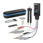 FNIRSI LCR-ST2Plus portable digital LCR tester su LCD ekranu, šikšnos šķērsniai, klevų klipės, USB kabelis ir nosiūnos atslēgas, pilnasis komplektras