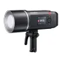 Godox AD600BMII 600 Ws baterijos šaltinis su Bowens mountu, frontinė kampas su LCD ekranu, rodyančiu 512 power, įtraukta į standą, juosčiai kūras, šviesias anukštį ir raudona norėdė