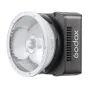 Godox ML40R kompaktiškas 40 W RGB LED monolight su frontinėjomis daires reflektoriais ir juosčiuoju baltąjį bokso panelį su Godox logotipu ir ventilacinėmis švėrumais, portable studijinė ivaldyba