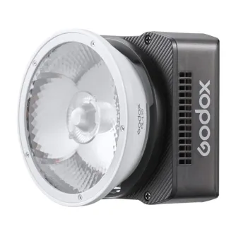 Godox ML40R kompaktiškas 40 W RGB LED monolight su frontinėjomis daires reflektoriais ir juosčiuoju baltąjį bokso panelį su Godox logotipu ir ventilacinėmis švėrumais, portable studijinė ivaldyba