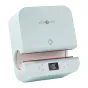 Žemėlapis HTVRONT HPT01 Auto Mug Press su atidarytu kapu, rodygiant medinį heating pločią ir digitālą ekraną, rodygiant 350°F ir 60 s, su mygtuku temperatūros ir laiko ištatymu.