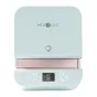 Mėlyna‑žalia HTVRONT HPT01 automatinis mug press su digitaliniu ekranu, rodantis 350°F ir 60 s, atidaryta kapą, rodyančią medžią apverstą platinę ir valdymo mygtukus