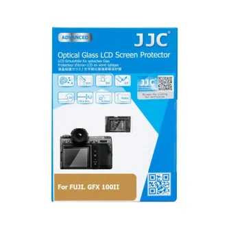 JJC GSP GFX100II Optikos šildos apsaugos paketas Fujifilm GFX 100II, rodoja čerką su LCD ekranu, ikonas 9H sunkumo, 95% šviesa perdavimo, 2.5D kūrimų ir 0.3 mm dydžio, QR kodą ir brandu logotipį