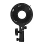 Sirui Bowens Adapter SR-BMA01, juosis metalinis elementas su centru atidarytu ir montažinei įrankiai, frontinė perspėtiva, greitoji beveikslės įrankio įdiegs mini Bowens į standartą Bowens C150X