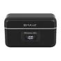 Puluz SmartLink WS300 beveikla lavalier mikrofonų sistemų kase, melna su baltu juosčiu, digitinis skaičius rodo 100% akumulių lygį ir Wireless Mic teksta