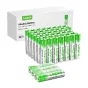 48 Lepro AAA alkalinių baterijų (R3) 1,5 V 1200 mAh su žaliais ir baltais paketu, rodomos eilėse prie baltos Lepro laukelės