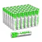 LEPRO 48 paketų AAA alkalini baterijos, 1,5 V 1200 mAh, susideda į stogų, su vienu bateriju parodoje į priekšną poziciją, akcentuojant zaļias kapes ir baltą etiketą.